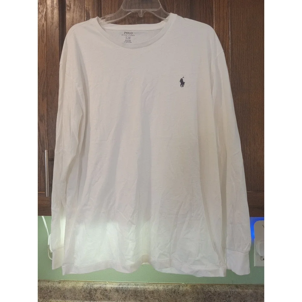 Polo Ralph Lauren Mens White Long Sleeve Crewneck T-Shirt Large Blue Pony Logo